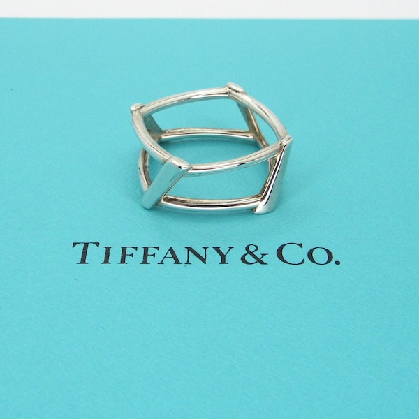 Authentic Tiffany Co Frank Gehry Ring - Open Torque Square Band - Sterling Silver Basket Side Design - Size 6.5 - Retired Tiffany # 5663