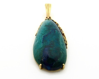 14K Yellow Gold Chrysocolla Pendant - Over 20 ct Large Teardrop Blue Green Natural Chrysocolla - Solid 14K Yellow Gold # 5463