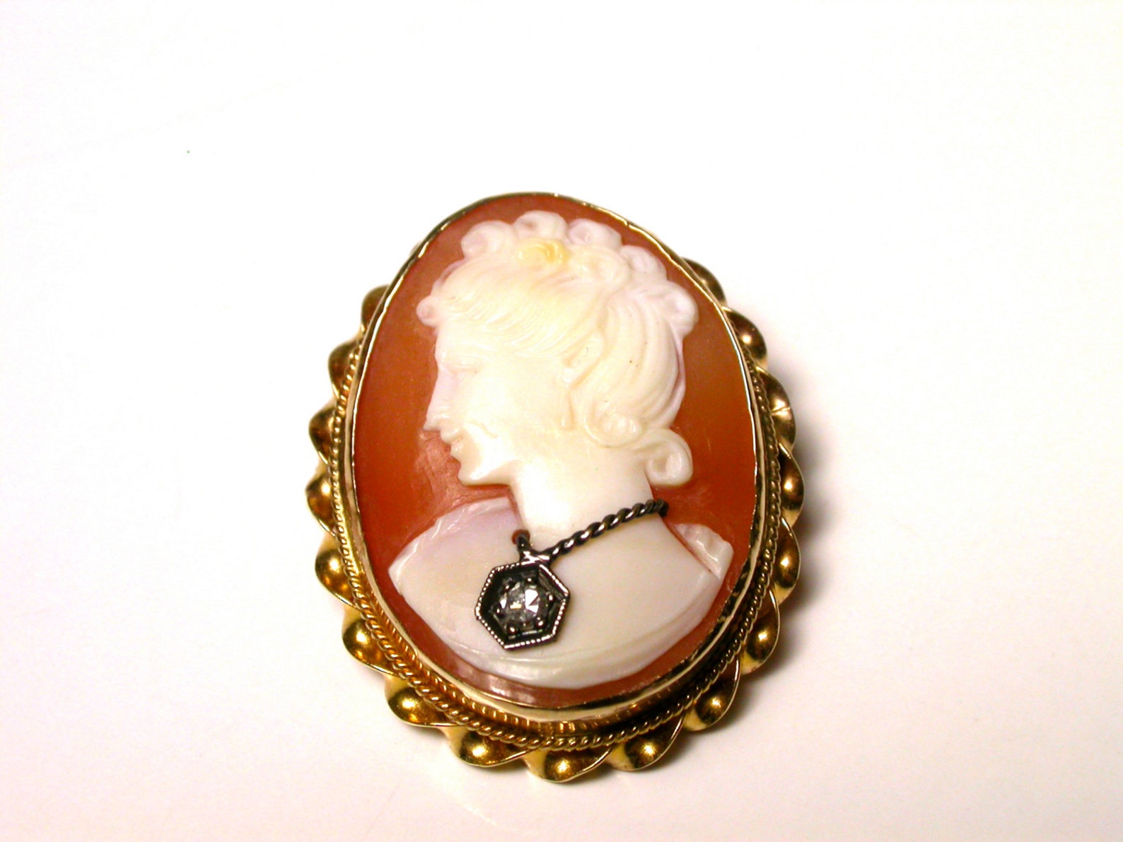 Vintage Cameo Brooch 10k Carved Shell Cameo Diamond Brooch Etsy