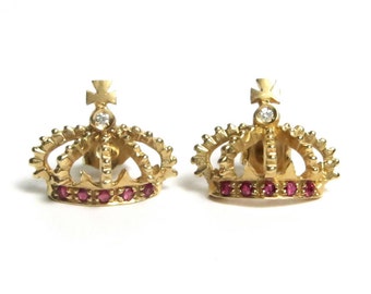 Vintage Earrings - 14k Yellow Gold Diamond Crown Earrings - Natural Red Rubies - Ruby Earrings - July Birthstone # 1533