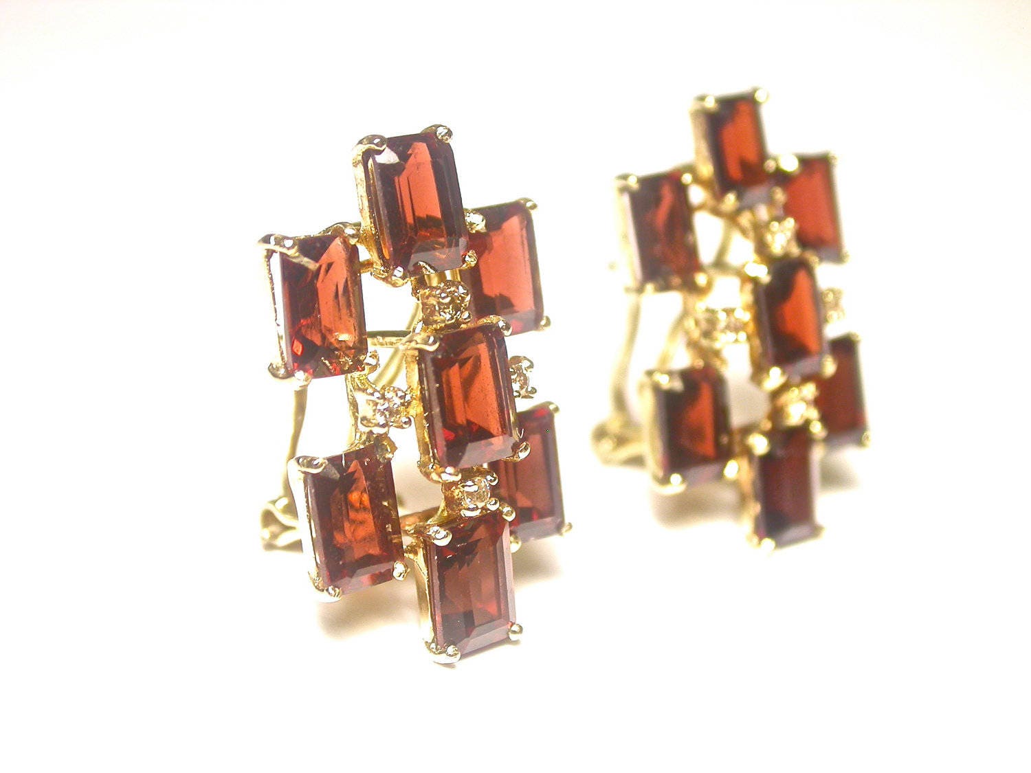 Vintage Garnet and Diamonds Earrings Pierced 14K Yellow Gold | Etsy