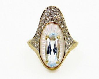 Erte Allouette 14K Yellow Gold Pave Diamond Blue Topaz Azure Topaz Mother of Pearl Ring - Size 6.5 - La Mer - Gifts for Her Designer # 5523