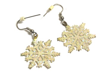 Sparkly Gold Tone Vintage Snowflake Earrings Pierced - Dangle Snowflakes - Christmas # 2175