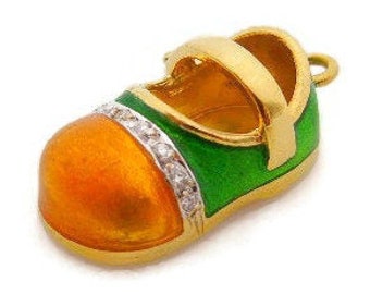 Baby Shoe Charm Pendant Solid 18k Yellow Gold, Enamel and Diamonds - Weight 6.1 Grams - Miniature Shoe - Baby Gift New Born # 832