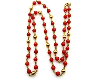 Coral and 18K Yellow Gold Necklace - 4 mm Round Tomato Red Coral and Gold Beads - 19.5" long or 50 cm - Gold and Red Necklace # 5713