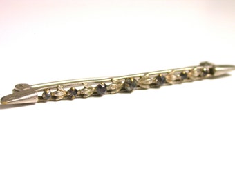 Silver Tone Vintage Brooch Pin Grey Rhinestones and Leaves - Barrette Pin # 1179