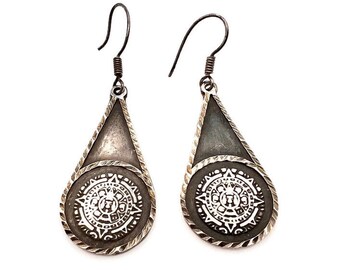 Sterling Silver Mayan Calendar Earrings - 950 Silver Aztec Calendar Pierced with Fish Hook Clasp - Dangle Earrings - Weight 9.6 g # 5448