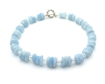 Aquamarine Necklace Sterling Silver Togo Clasp - Raw Polished Rough Crystals - Ice Blue Aquamarine Chocker - 17 " - March Birthstone # 1185