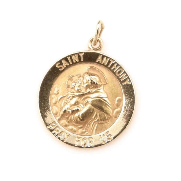 Vintage Saint Anthony Pendant - Round Religious Medallion - Solid 14k Yellow Gold - Small Religious Pendant - Christian - Catholic # 4370