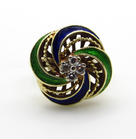 14K Yellow Gold Diamond and Enamel Floral Ring - … - image 7
