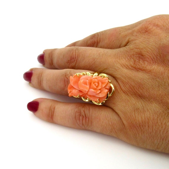 14K Yellow Gold Coral Ring - Size 5.75 - Genuine … - image 6