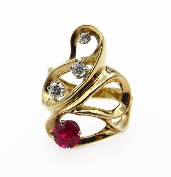 14K Yellow Gold Ruby and Diamonds Ring - Size 6.7… - image 1