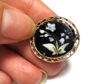 10K Yellow Gold Black Enamel Brooch Pin - Weight 2.7 Grams - Round Floral Black Brooch - Gifts for Her Mom Grandma # 2176