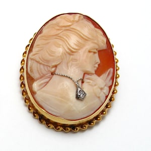 14k Carved Shell Cameo Diamond Brooch Pin and Pendant - 14k Yellow Gold - Lady Portrait - Weight 8.1 Grams - Gifts for Her # 4070
