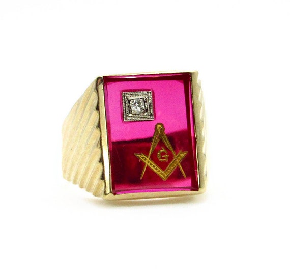 10K Yellow Gold Diamond Ruby Masonic Ring - Size … - image 8