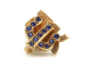 10K Yellow Gold Blue Sapphires Alpha Kappa PSI Badge Fraternity Pin - 1940s Vintage Sorority Pin - Collectable - Unique Brooch # 5474