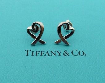 Authentic Tiffany & Co Platinum Paloma Picasso Loving Heart Earrings - Post Back - Pierced - Retired Tiffany Rare - Love Sweetheart # 5129