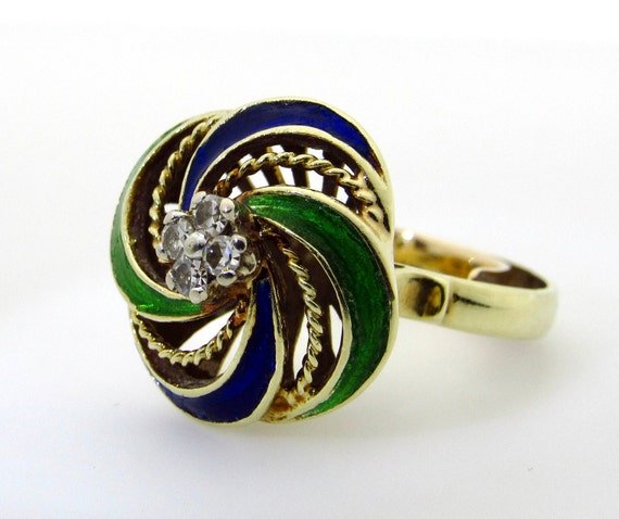 14K Yellow Gold Diamond and Enamel Floral Ring - … - image 3