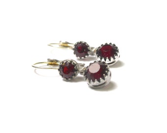 Silver Tone Red Stone Dangle Earrings - Pierced - Red Earrings - Lever Back - Gifts for Her - Love Valentines # 1459