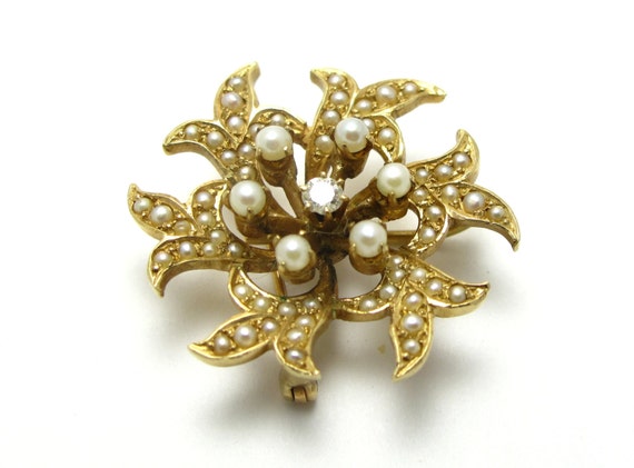 Vintage Brooch - 14k Yellow Gold Diamond Pearl an… - image 1
