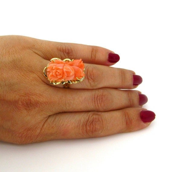 14K Yellow Gold Coral Ring - Size 5.75 - Genuine … - image 8