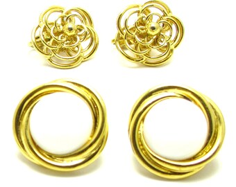 Trifari Vintage Clip on Earrings - Lot of 2: Gold Tone Trifari Flower Design and Trifari White Button Clip on Earrings - Vintage # 3046