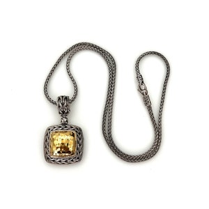 John Hardy Palu Necklace - Sterling Silver and 22K Yellow Gold - 18&quot; or 46cm Wheat Chain - Hammered Cushion Square Pendant - Designer # 5593