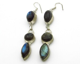 Labradorite Long Drop Earrings - Silver Plated Long Dangle 18.6 grams - Ear Wire Pierced - Black Rainbow of Colors - Gifts for Her # 5453