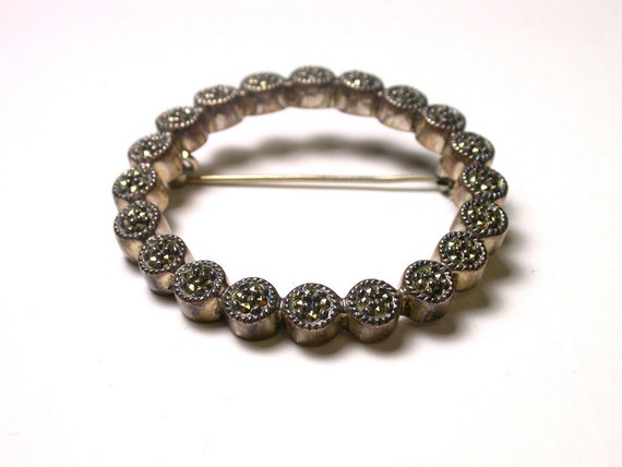 Sterling Silver Large Marcasite Brooch Open Circle 3/4