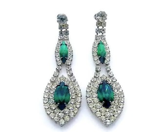 Crystal Rhinestone Dangle Long Earrings - Prom - Hollywood - Post Back - Dangle Earrings - Movies - Glamour - Green and Clear # 4499