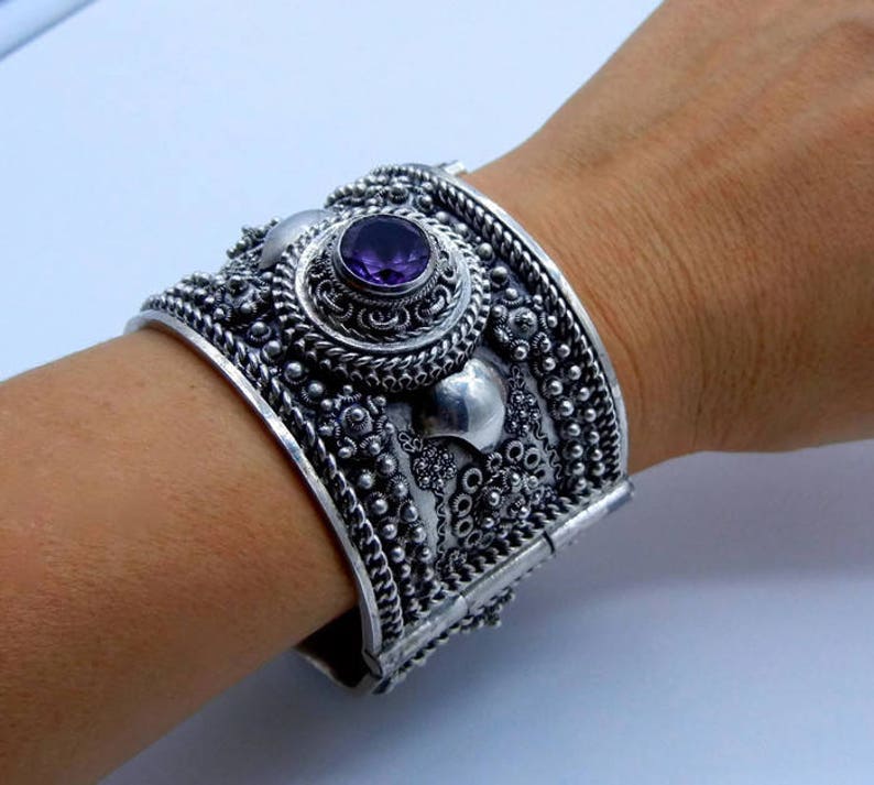 Large Sterling Silver Hinged Cuff Bracelet Heavy Purple Etsy