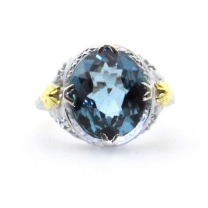14K White and Yellow Gold Blue Spinel Filigree Ring - Size 4.75 - Large Oval 4 cts Spinel Gemstone - Gifts for Her # 5017