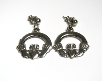 Claddagh Earrings - Vintage Dangle Hands Crown Post Back Earrings - Weight 6.6 Grams - Irish Traditional - Friendship - Love # 1947