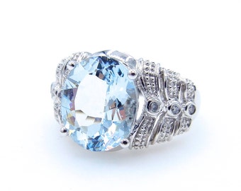 14K Aquamarine and Diamonds Ring - Size 7 - 3.5 ct Oval Blue Aquamarine - Solid 14K White Gold - 6 Grams - March Birthstone # 1590