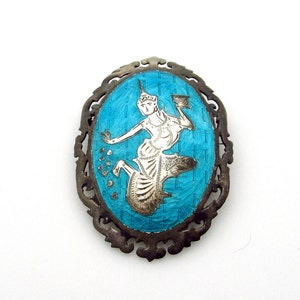 Vintage Siam Brooch - Oval Sterling Silver Blue Enamel Large Pin - Mekhala Goddess Of Lightning - Thailand - Siam Thai Jewelry # 5675