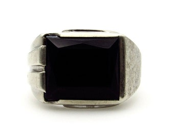 10K White Gold Large Black Onyx Ring - Size 10.75 - Men Jewelry - 1930s 1940s - Estate Jewelry - Gifts for Him Husband # 5477