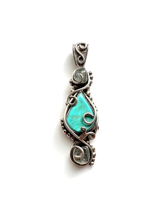 Sterling Silver Large Blue Turquoise Pendant - Si… - image 1