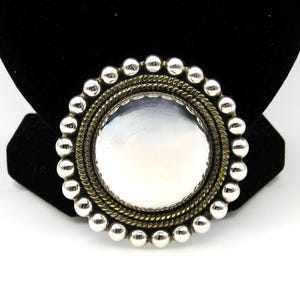 Vintage Laton Mexico 925 Sterling Silver with Yellow Gold Accents Brooch - Round Large Dome Signed Pin Heavy - Accessory - Brooch # 5756