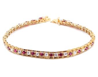 Sterling Silver Gold Plated CZ tennis Bracelet - 8&quot; or 20 cm long -  Vermeil Cubic Zirconia Bracelet - Red and Clear Gemstones  # 755