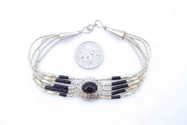 Multi Strand Bracelet Oval Black Onyx Vintage Sterling Silver Onyx Bracelet Weight 6.9 Grams Boho # 2267