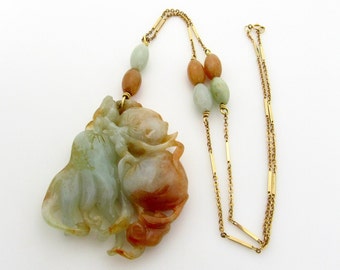 14K Yellow Gold Large Carved Russet Jade Pendant Necklace - 22.5" or 56 cm long - Light Green and Brown Shades of Jade - 62.7 Grams # 2277