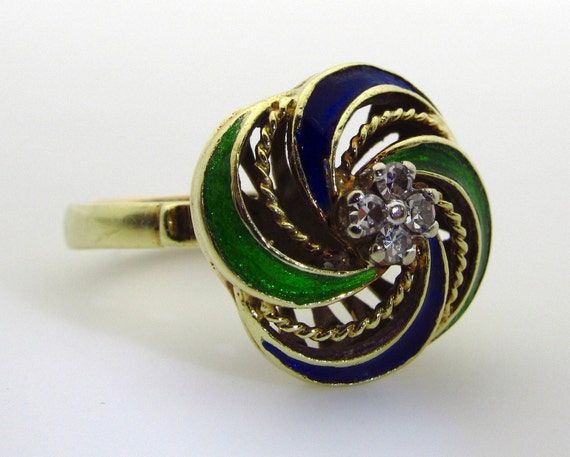 14K Yellow Gold Diamond and Enamel Floral Ring - … - image 4