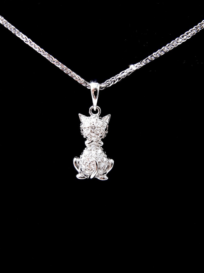 Cat Necklace 14K White Gold and Diamonds Cat Pendant With Etsy