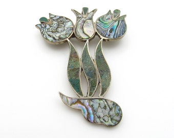 Sterling Silver BETO TAXCO CRO Mexico Brooch - 925 Statement Abalone and Turquoise Inlaid Stone Mosaics Large Pin - Floral Tulips - # 5253