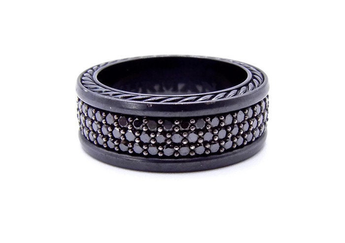 David Yurman Streamline Three-Row Band Ring with Black Diamonds and Black Titanium, Size 10