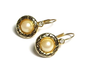 Vintage Gold Tone Pierced Pearl, Cubic Zirconia and Black Enamel Earrings - Weight 5.9 Grams - Pierced # 1509