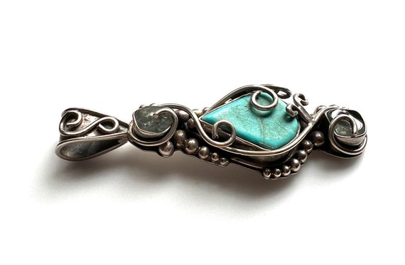 Sterling Silver Large Blue Turquoise Pendant - Si… - image 3