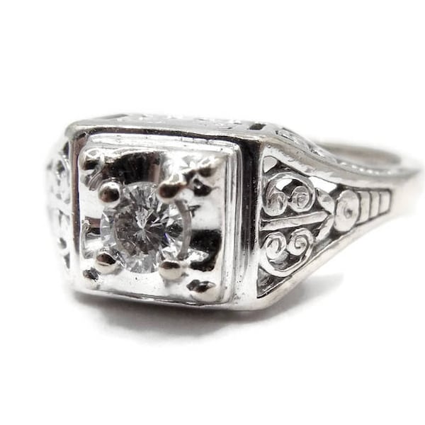 Art Deco Engagement Ring - 14K White Gold Diamond Ring - Filigree Engagement Ring - Size 5 - Promise Ring - Wedding - Hallmark JCR # 4044