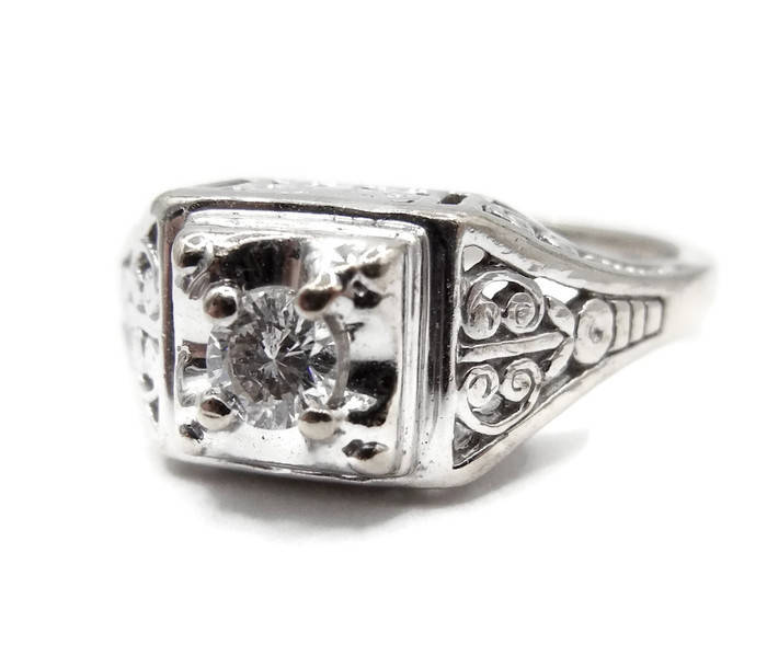 Art Deco 14K Weißgold Diamant Filigranring - Größe 5 # 4044