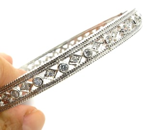 Sterling Silver and Cubic Zirconia Bracelet - Oval Shape Bangle - 7 mm Wide - Hinged Bangle - Weight 25.9 Grams - Gifts for Her # 4080